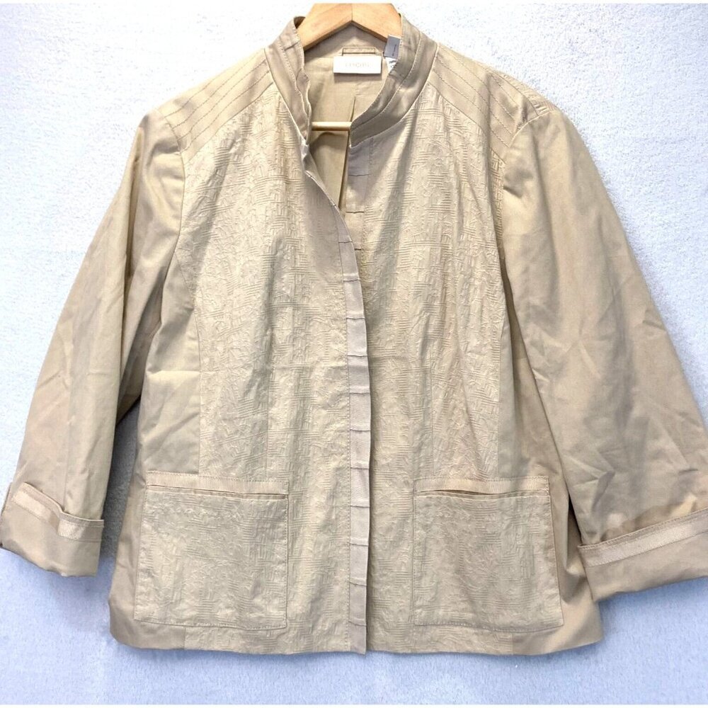 Chico's Size 2 (Large 12) Textured Open Front Jacket Tan Beige Cuffed 3/4 Sleeve